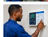 Technicien noir configurant un système de sécurité