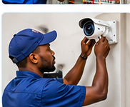Technicien noir installant une caméra de surveillance